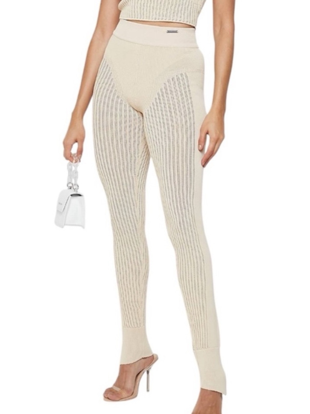 Maniere De Voir Knitted High Waisted Leggings in Beige